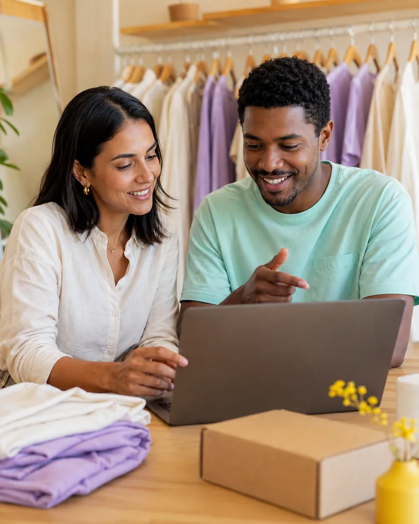 Dupla de uma loja de roupas planejando uma campanha em um notebook, ao lado de uma caixa de envio